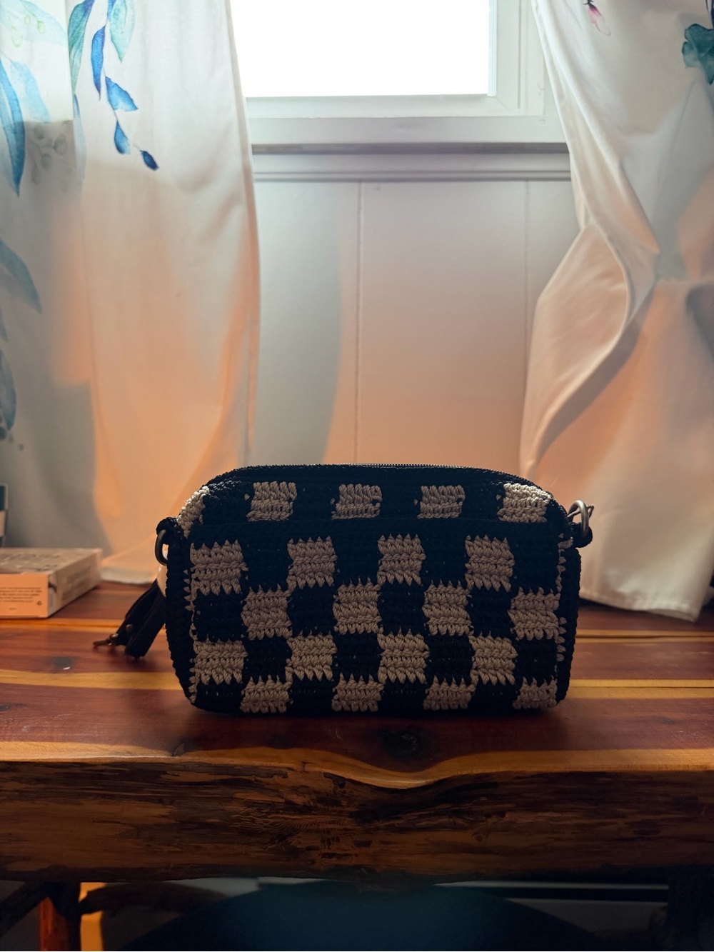 The Sak Black and Cream Crocheted Check Crossbody Bag